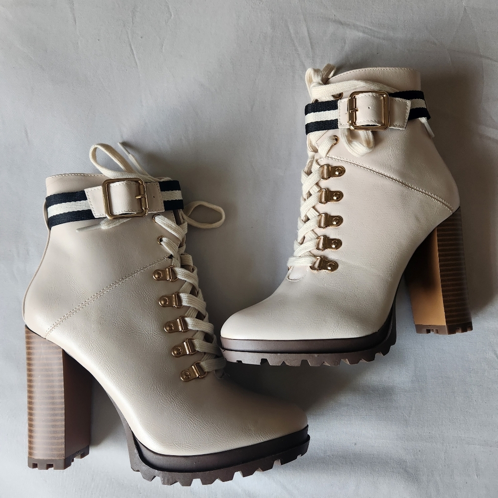 Faux Leather Cream Heeled Bootie Woman's Size 7.5